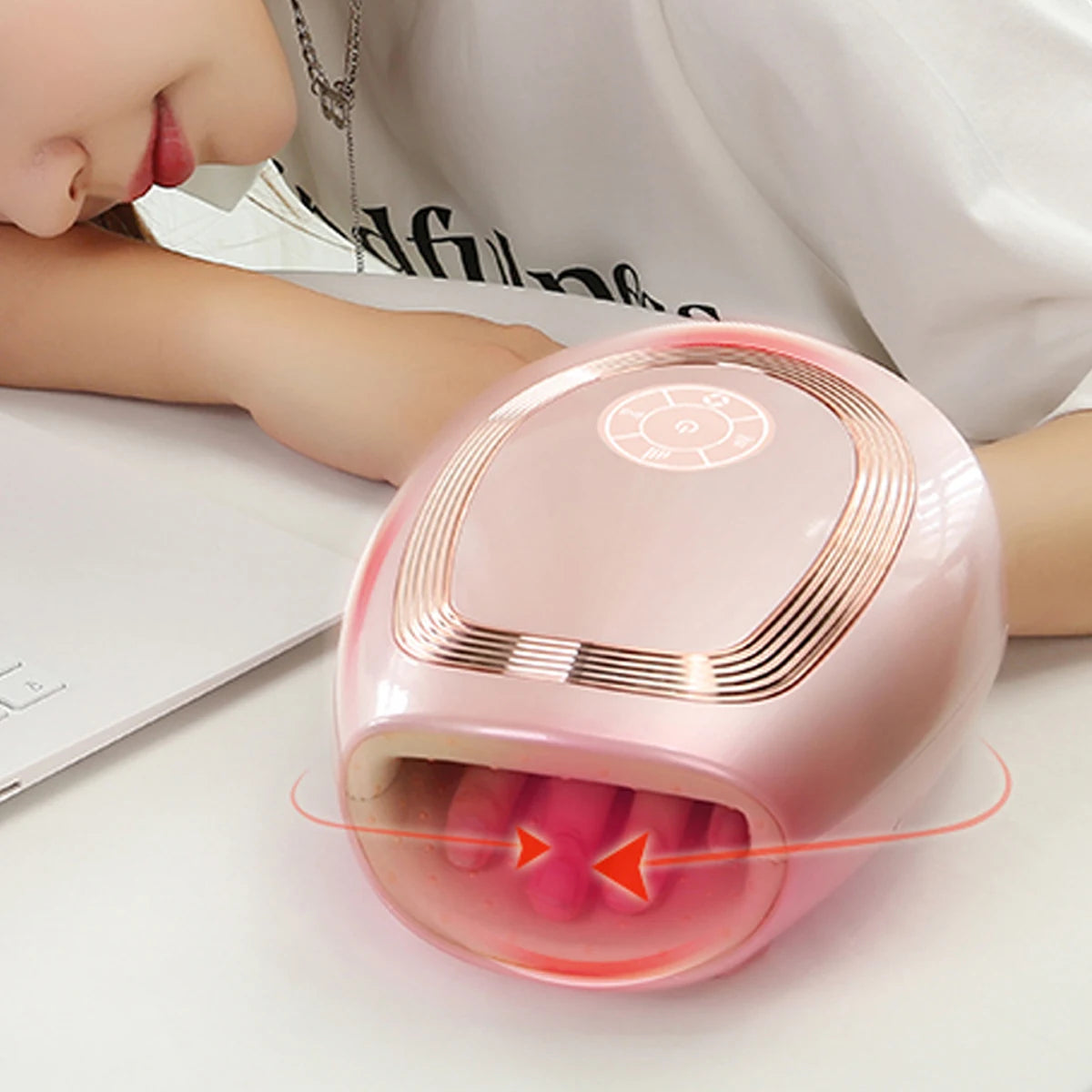 Hand massager with compression and heating functions, adjustable strength, suitable for office, home, and elderly use as a palm