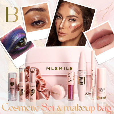 Makeup Kit With Organize Case Lipstick Contour Highlight Liquid Eyeshadow Lip Mud Eyebrow Pencil Mascara Women Cosmetics Set