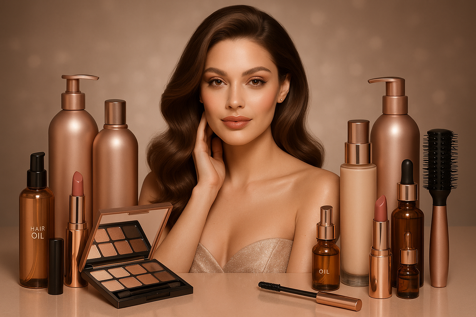 make up, beauty haircare with woman as a center of attraction